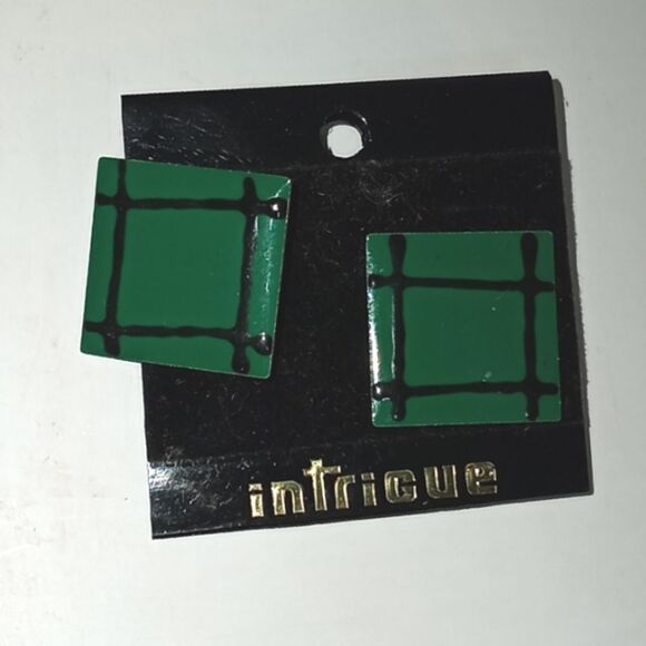 Black & Green Square Shaped 1980's vintage hash tag logo style earrings - Picture 1 of 3